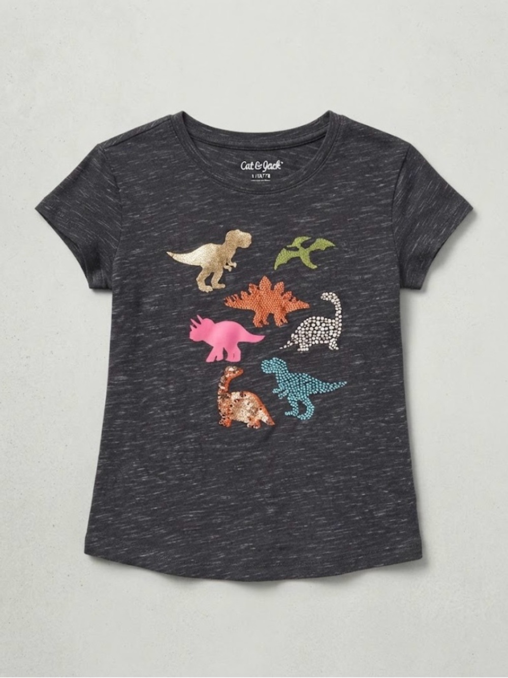 Cat & Jack Charcoal Short-Sleeve Tee with Colorful Sequin Dinosaurs
